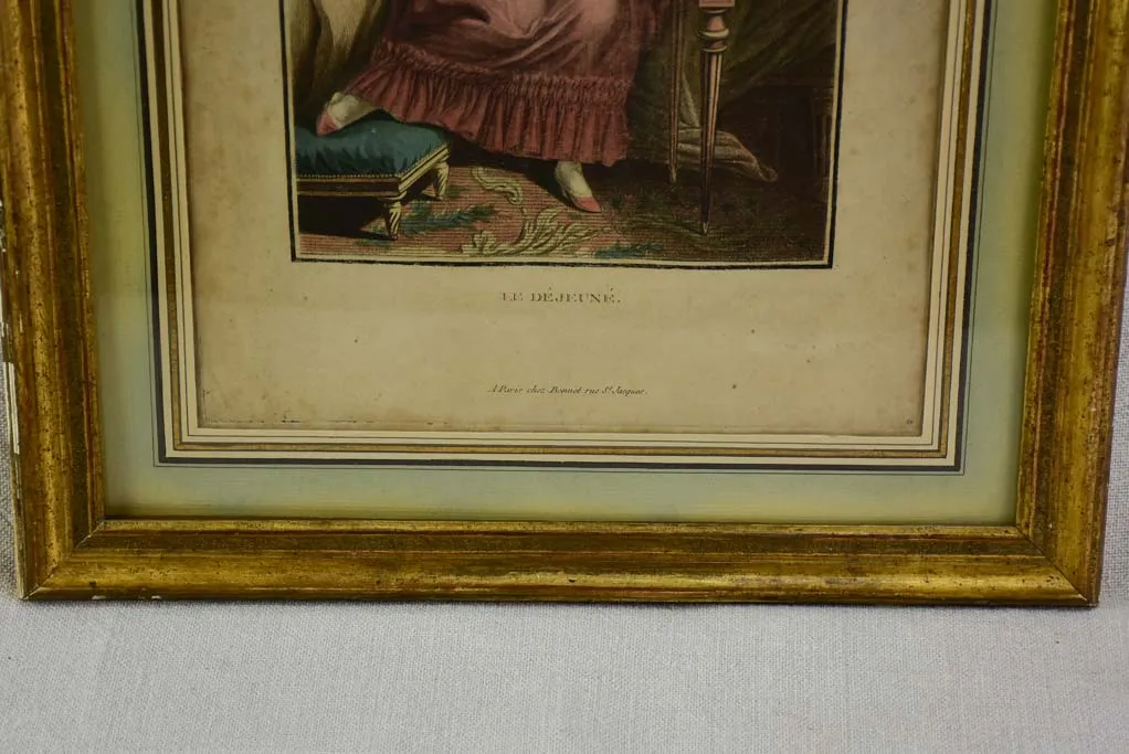 19th century French engraving of a lady having breakfast in bed "La Déjeuné" 13¾" x 17¼"