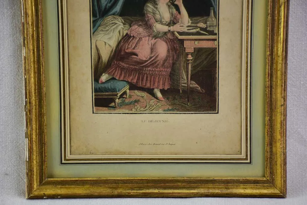 19th century French engraving of a lady having breakfast in bed "La Déjeuné" 13¾" x 17¼"
