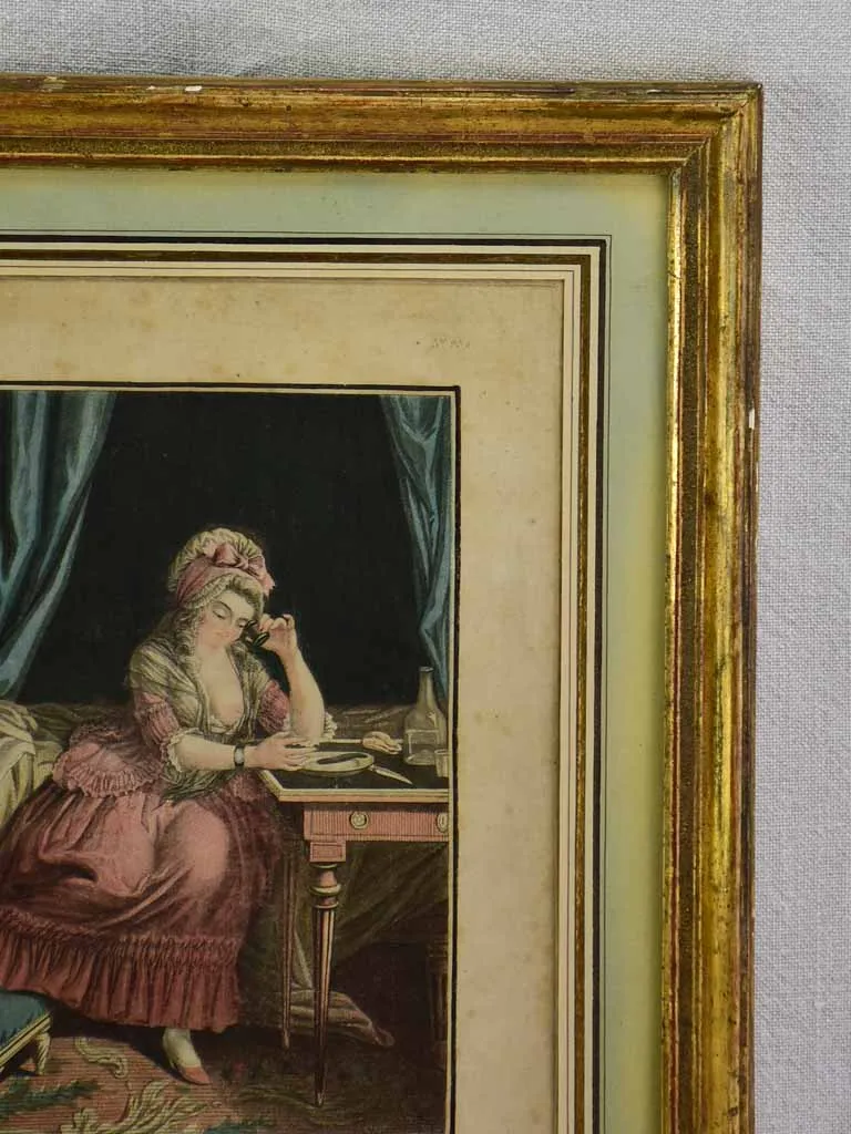 19th century French engraving of a lady having breakfast in bed "La Déjeuné" 13¾" x 17¼"