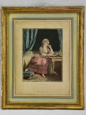 19th century French engraving of a lady having breakfast in bed "La Déjeuné" 13¾" x 17¼"