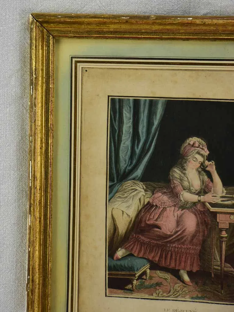 19th century French engraving of a lady having breakfast in bed "La Déjeuné" 13¾" x 17¼"