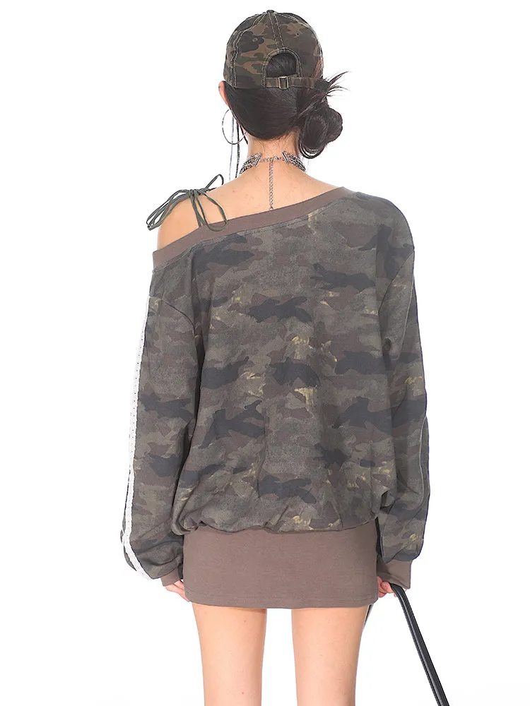 【24s Sep.】Lace Embroidered Off-shoulder Lace-up Camouflage Jersey