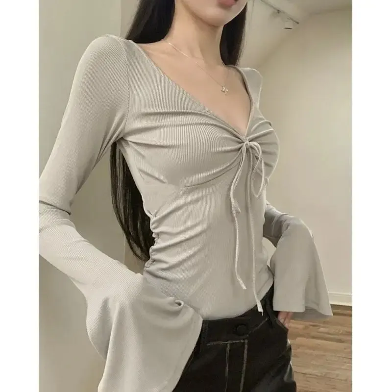 Advbridge -  Maillard Style Hot Girl V-neck Long-sleeved Shoulder T-shirt Women's Autumn Slim Fit Lace-up Bottom Top Fashion Female Clothes