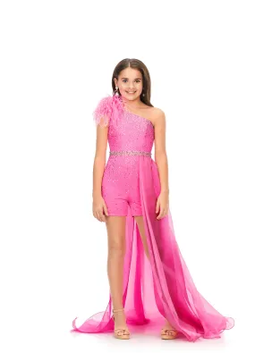 Ashley Lauren Kids 8177 Girls One Shoulder Romper Feathers and Side overskirt