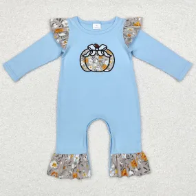 Baby Infant Girls Rompers Halloween Blue Floral Pumpkin Bow Rompers LR1529