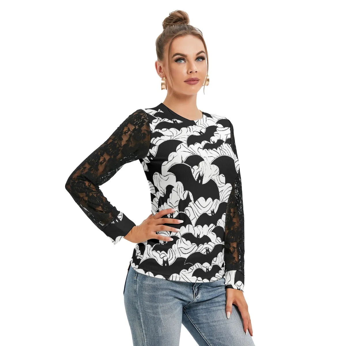 Bat Queen T-shirt with Black Lace Sleeves