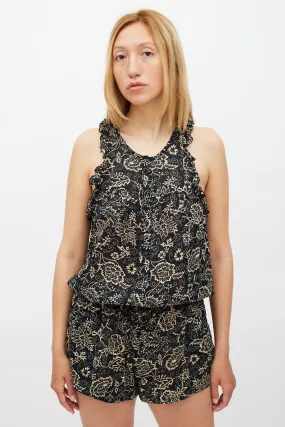Black & Beige Floral Ruffled Trim Romper
