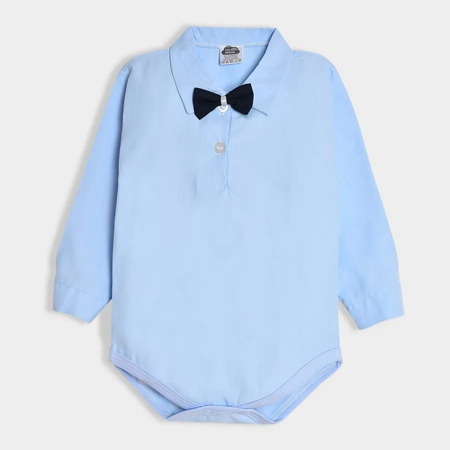 Bloom Woven Blue Solid Shirt Style Romper and Trouser