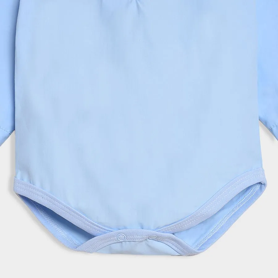 Bloom Woven Blue Solid Shirt Style Romper and Trouser