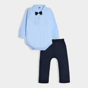 Bloom Woven Blue Solid Shirt Style Romper and Trouser