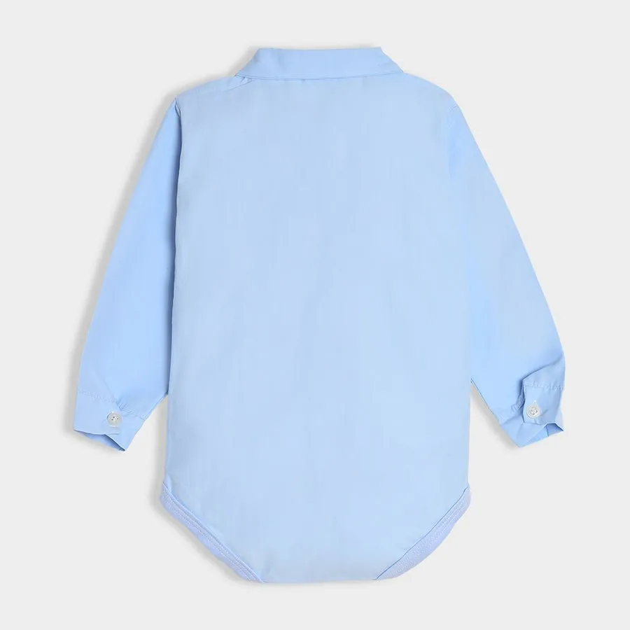 Bloom Woven Blue Solid Shirt Style Romper and Trouser