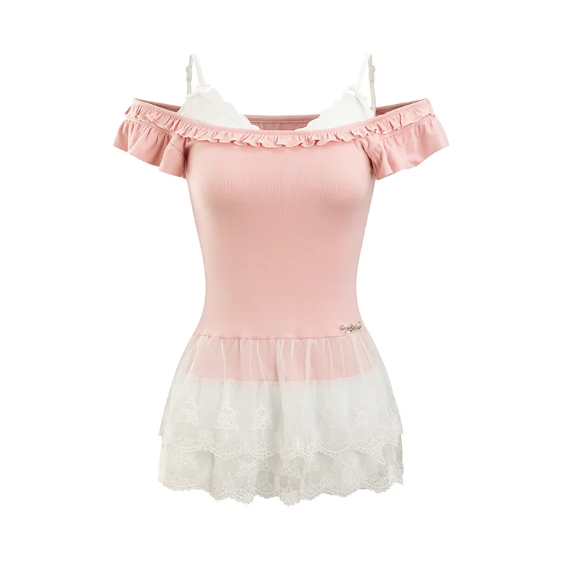 Blue & Pink Lace Trim T-shirt