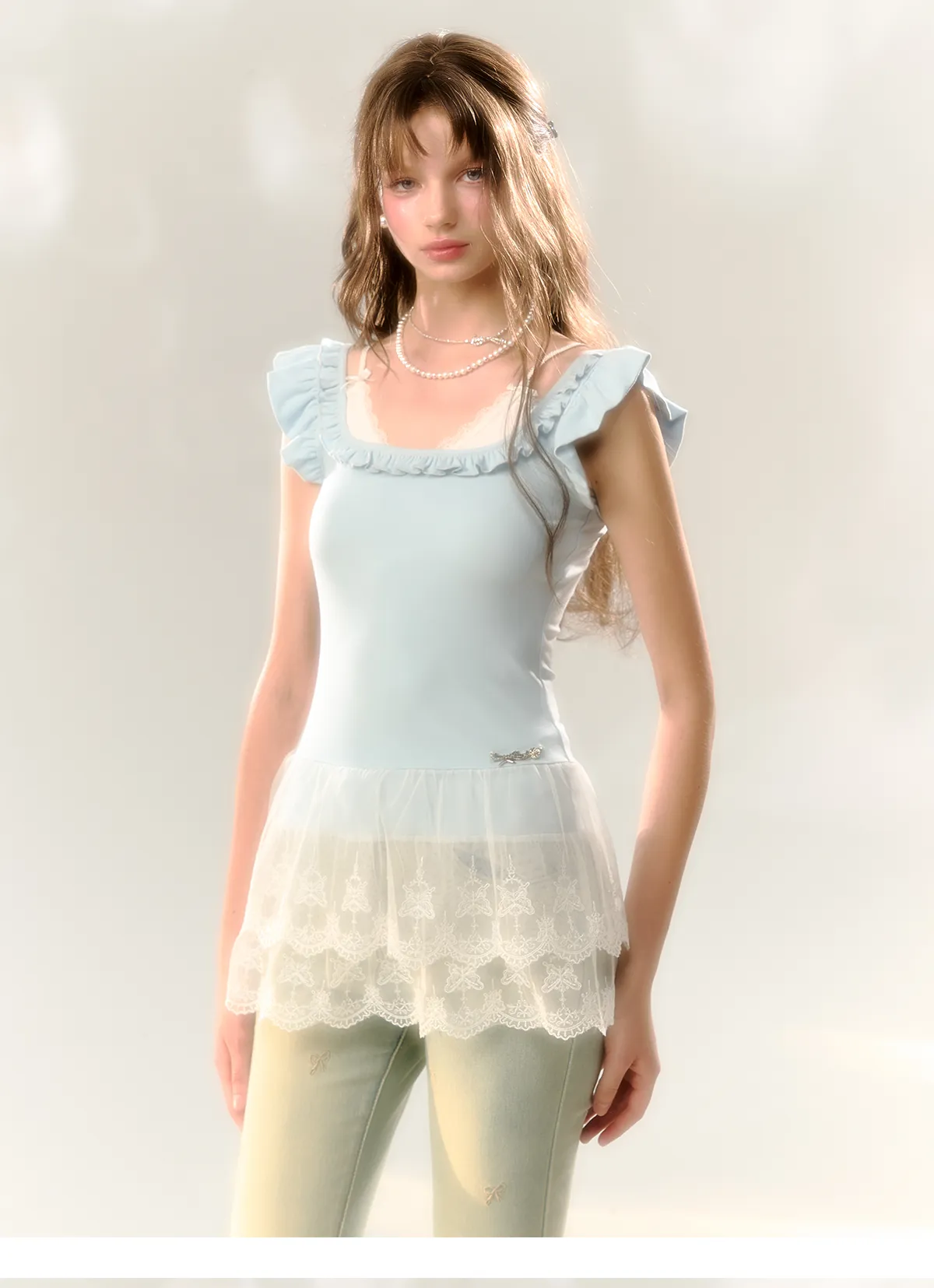 Blue & Pink Lace Trim T-shirt