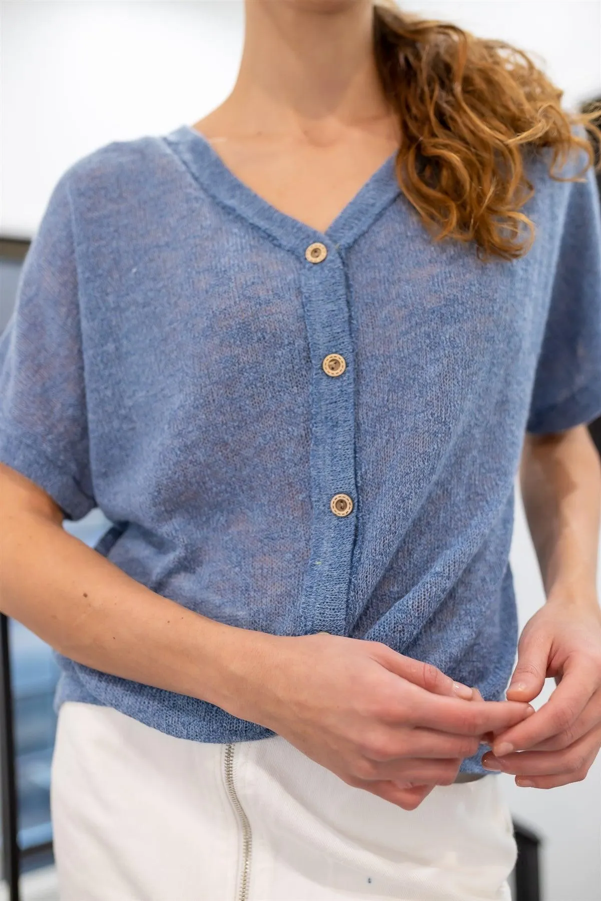 Blue Knit Button Up Semi-Sheer Twisted Front Detail Top /1-2-2
