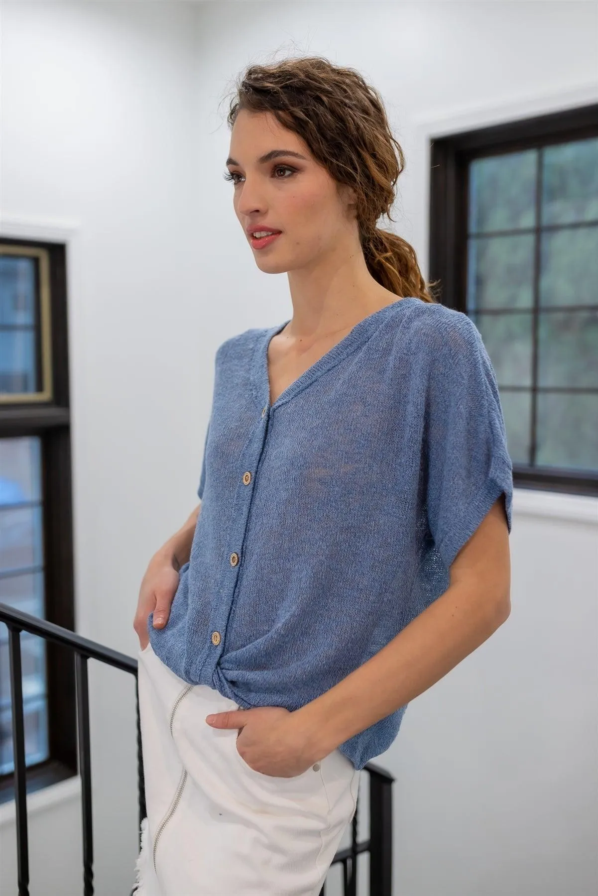 Blue Knit Button Up Semi-Sheer Twisted Front Detail Top /1-2-2
