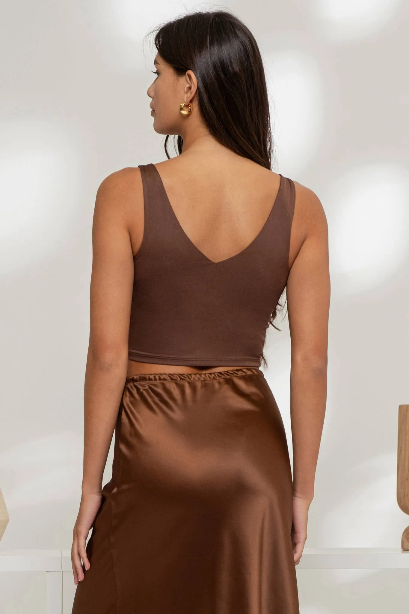 BROWN REVERSIBLE V NECK CROP TOP