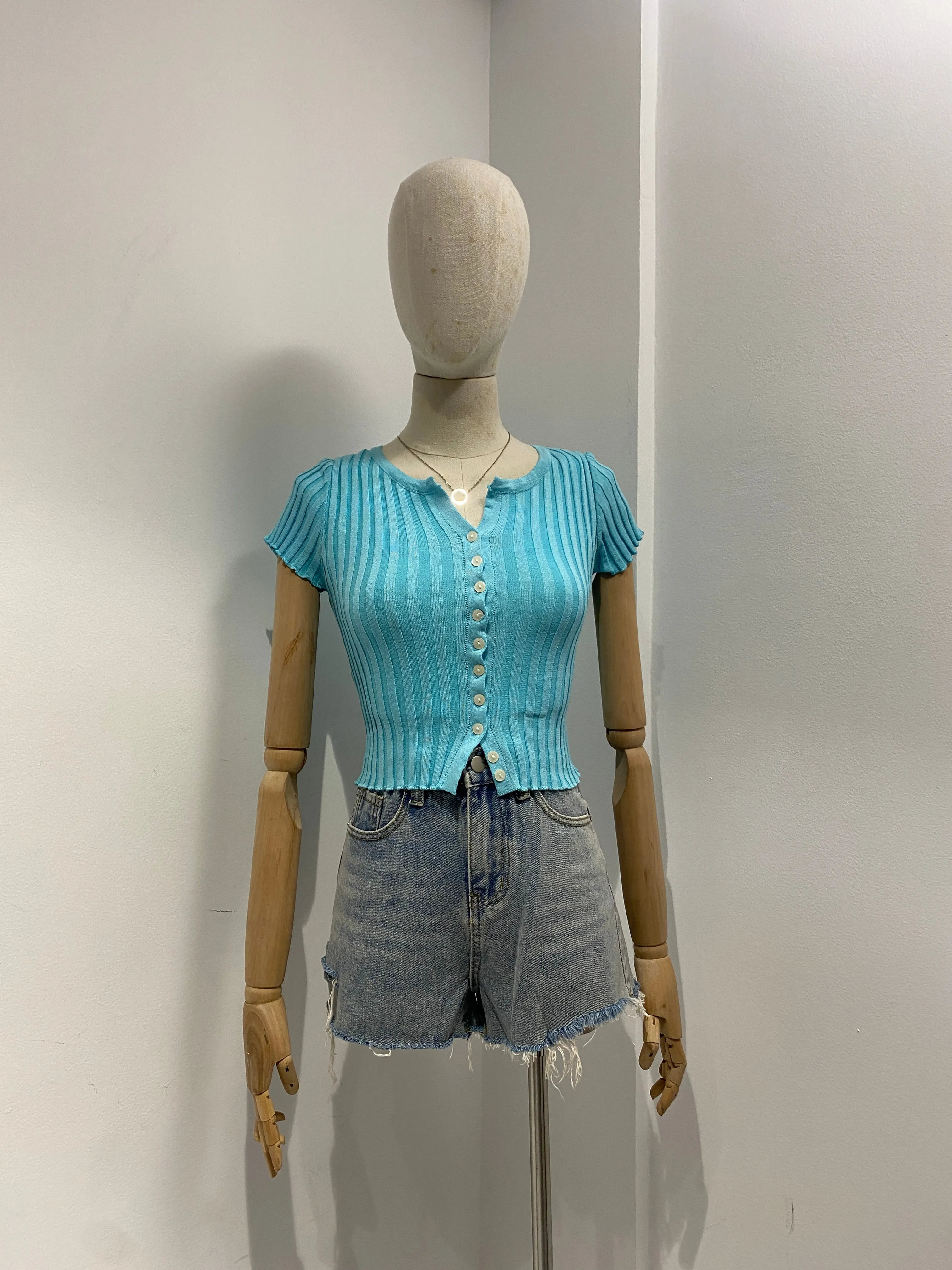 Button Through Ribbed Knit  Crop Top