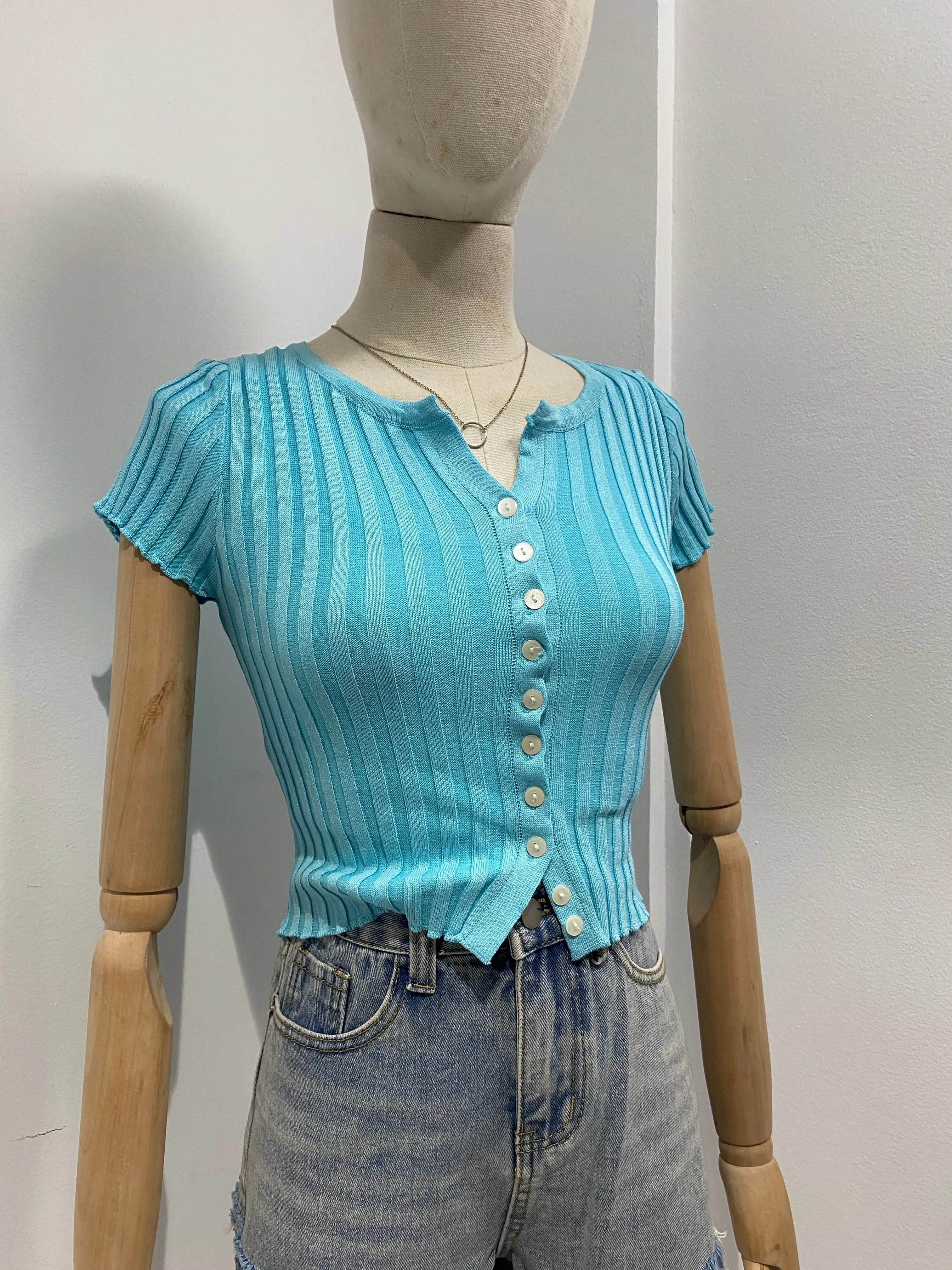 Button Through Ribbed Knit  Crop Top