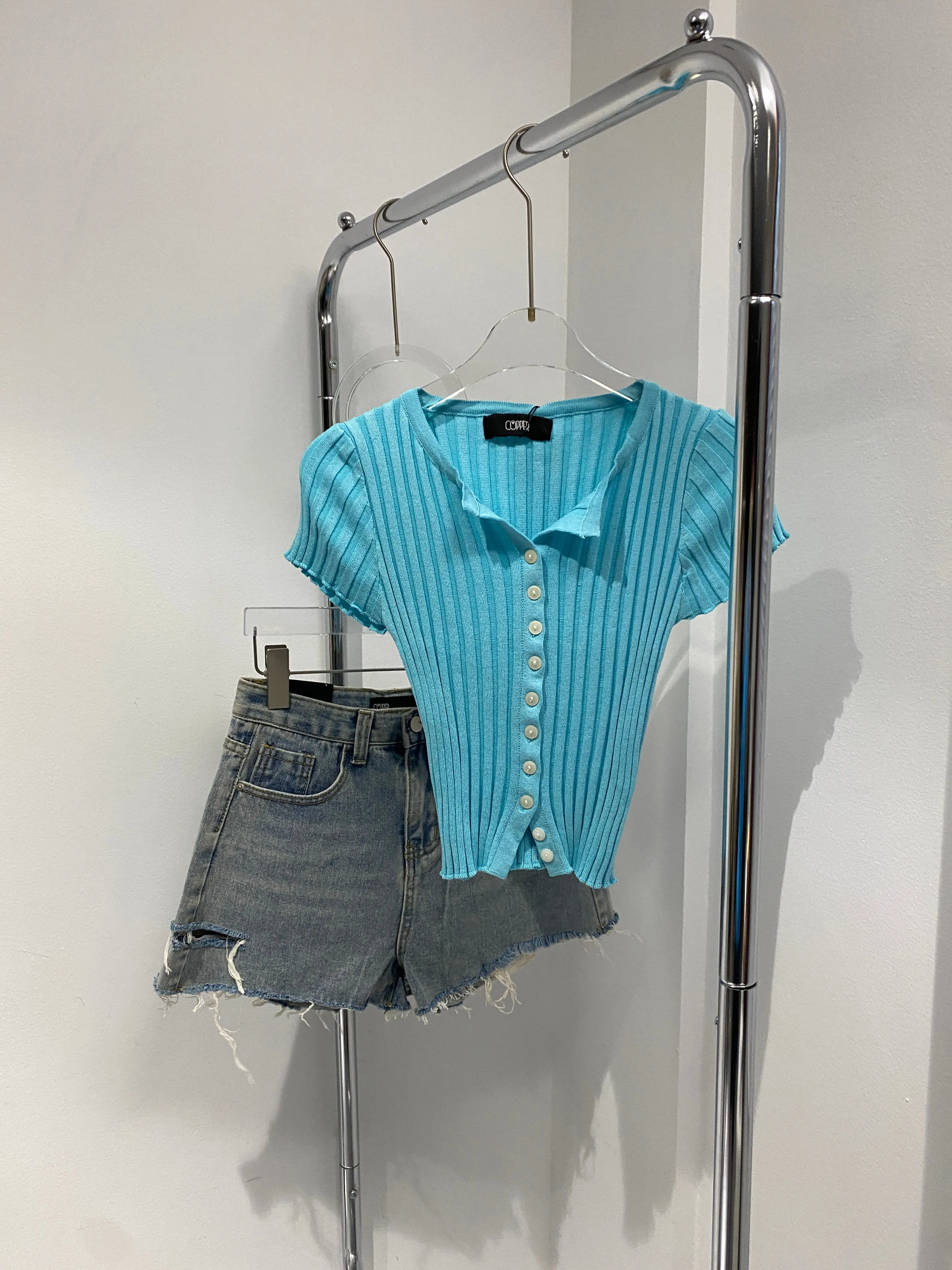 Button Through Ribbed Knit  Crop Top