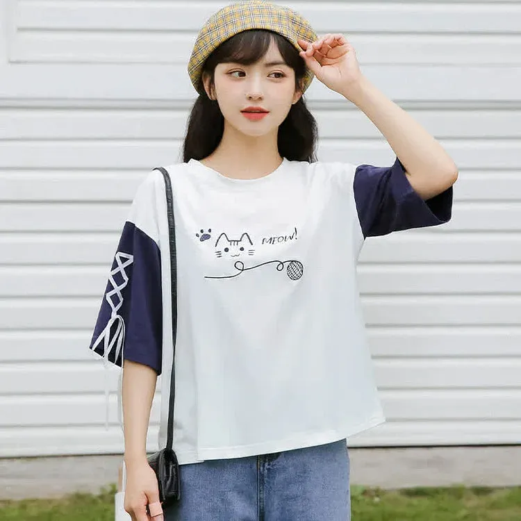 Cartoon Kitty Letter Print Lace Up Colorblock T-Shirt