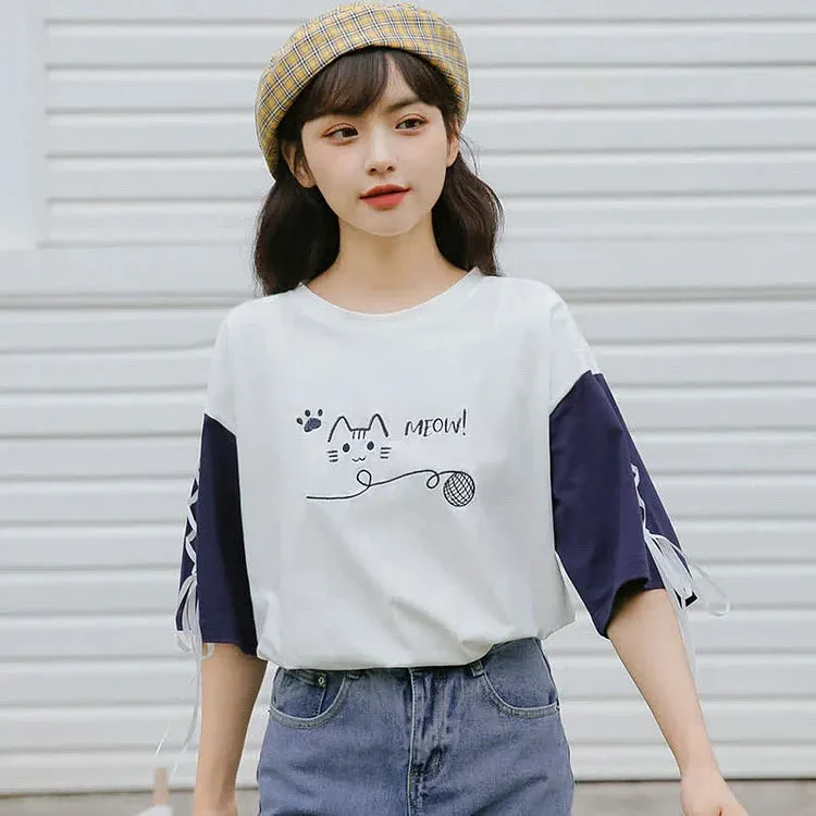 Cartoon Kitty Letter Print Lace Up Colorblock T-Shirt
