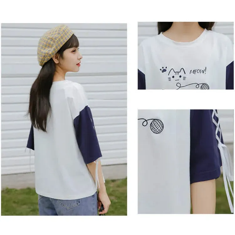 Cartoon Kitty Letter Print Lace Up Colorblock T-Shirt