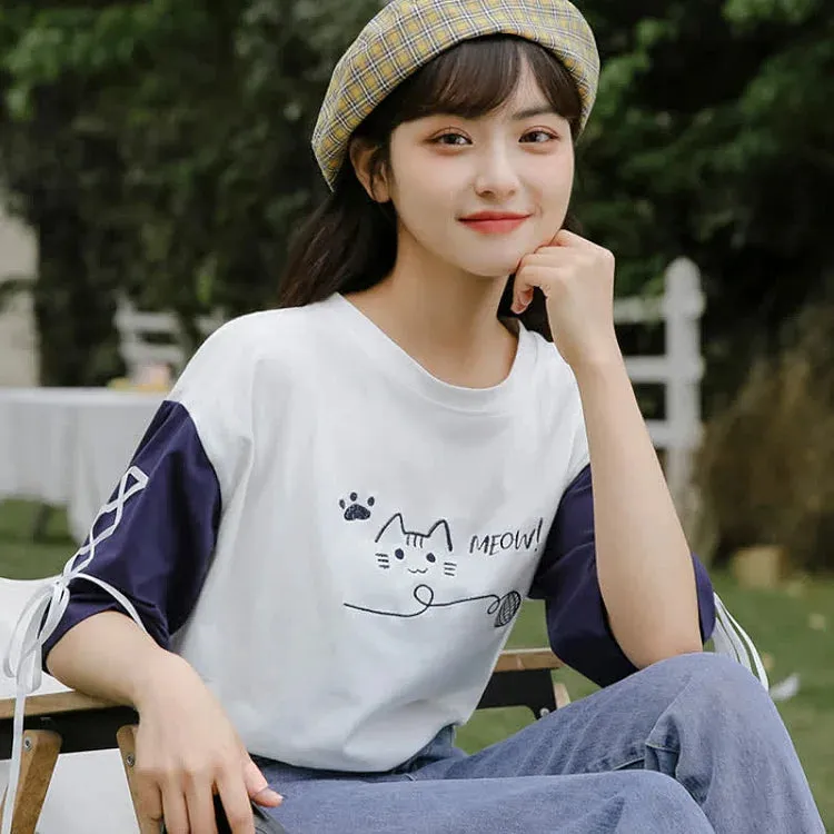Cartoon Kitty Letter Print Lace Up Colorblock T-Shirt