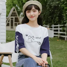 Cartoon Kitty Letter Print Lace Up Colorblock T-Shirt