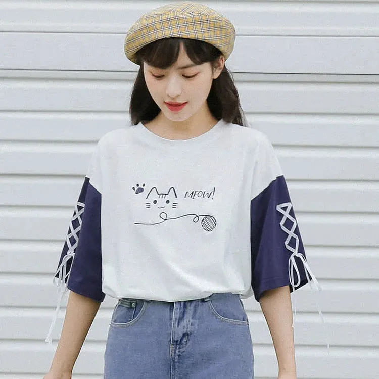 Cartoon Kitty Letter Print Lace Up Colorblock T-Shirt