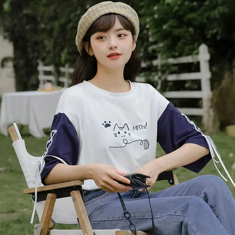 Cartoon Kitty Letter Print Lace Up Colorblock T-Shirt