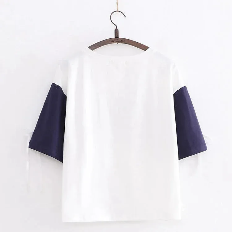 Cartoon Kitty Letter Print Lace Up Colorblock T-Shirt