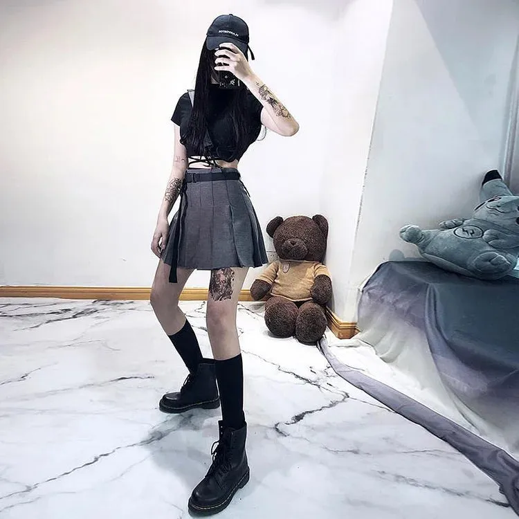 Chic Lace Up T-Shirt Short Top Black