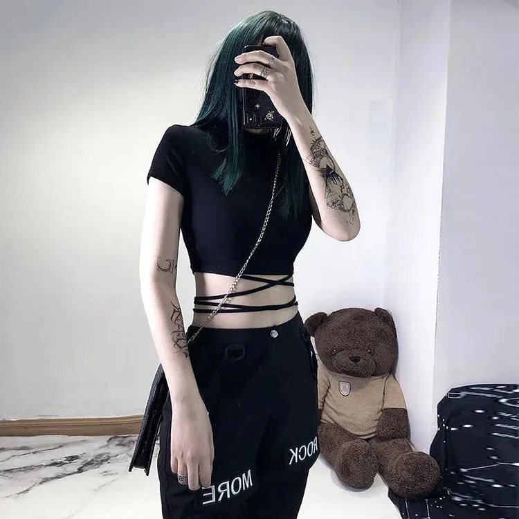 Chic Lace Up T-Shirt Short Top Black