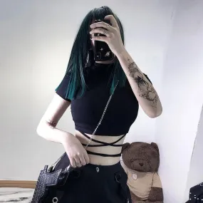 Chic Lace Up T-Shirt Short Top Black