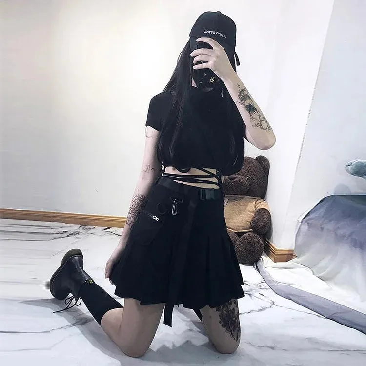 Chic Lace Up T-Shirt Short Top Black