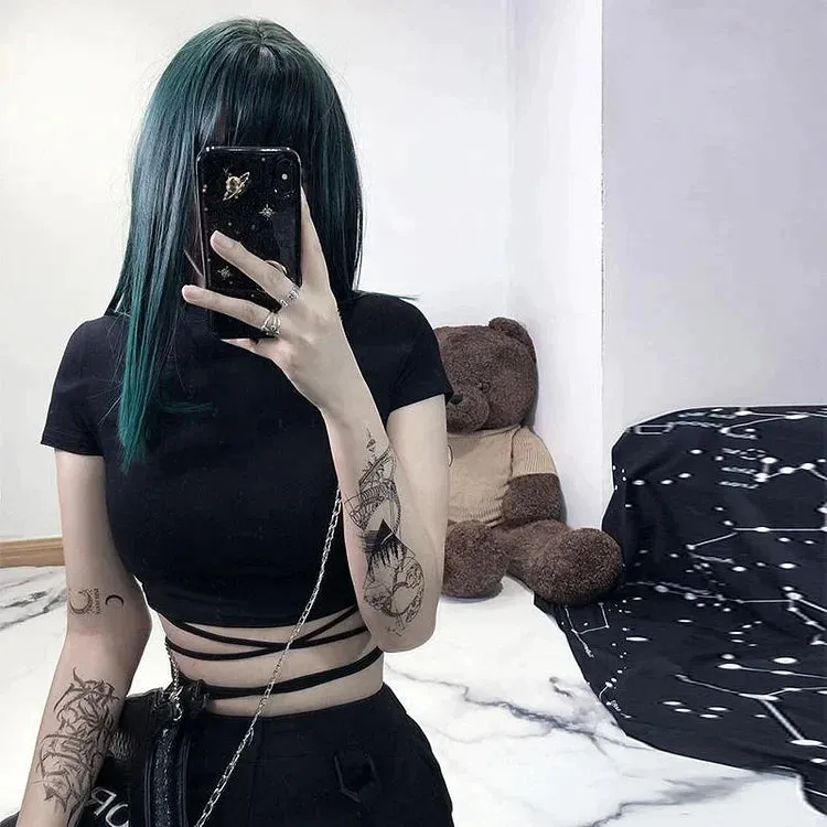 Chic Lace Up T-Shirt Short Top Black