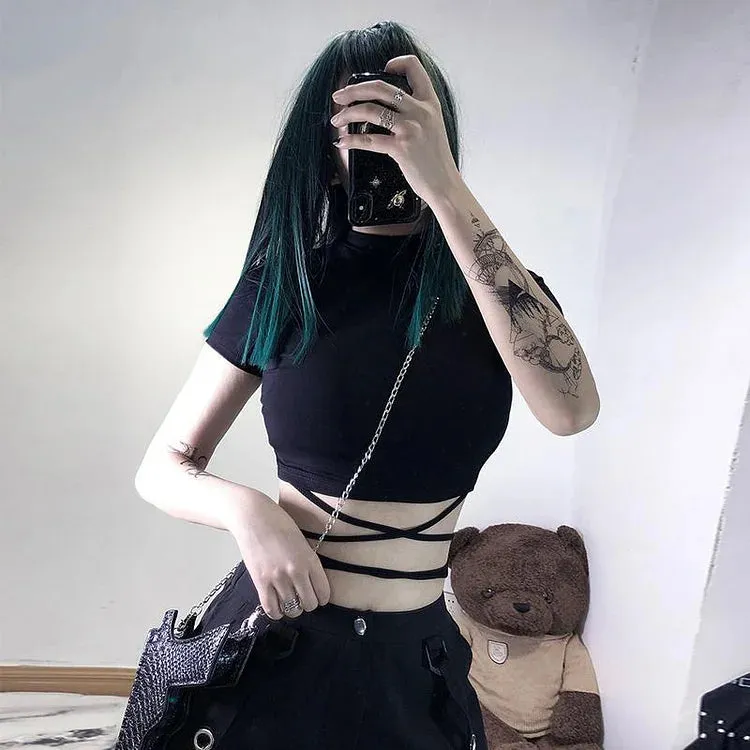 Chic Lace Up T-Shirt Short Top Black