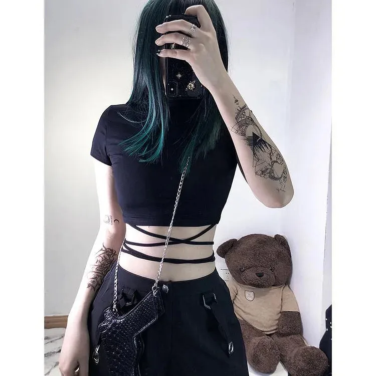 Chic Lace Up T-Shirt Short Top Black
