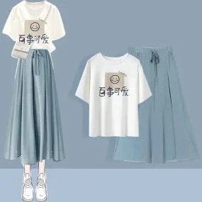 Chic Print T-Shirt Chiffon Lace Up Wide Leg Pants Two Piece Set