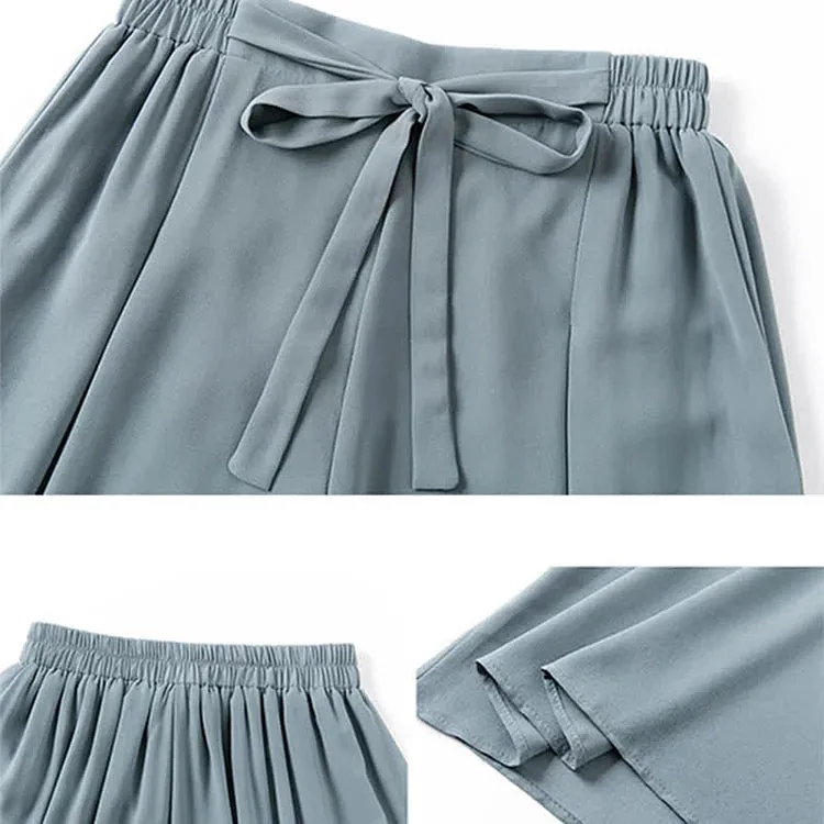 Chic Print T-Shirt Chiffon Lace Up Wide Leg Pants Two Piece Set