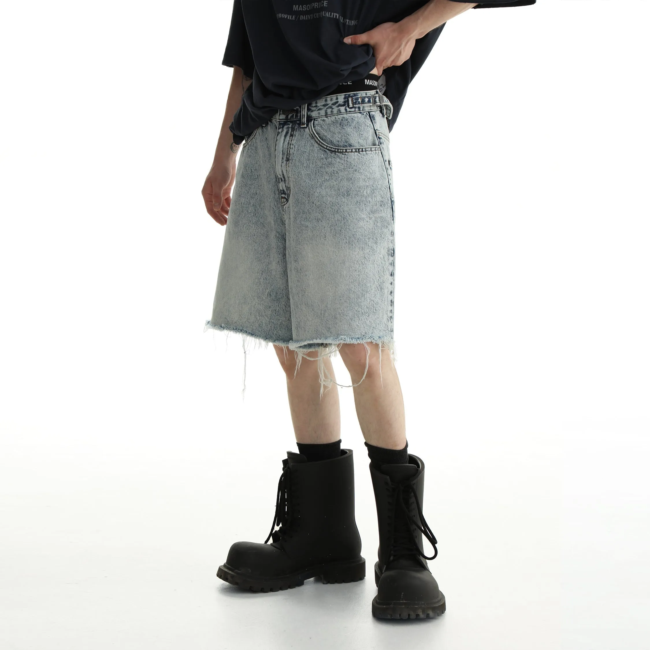 Denim Shorts & Jeans Set With Faded Raw Edges