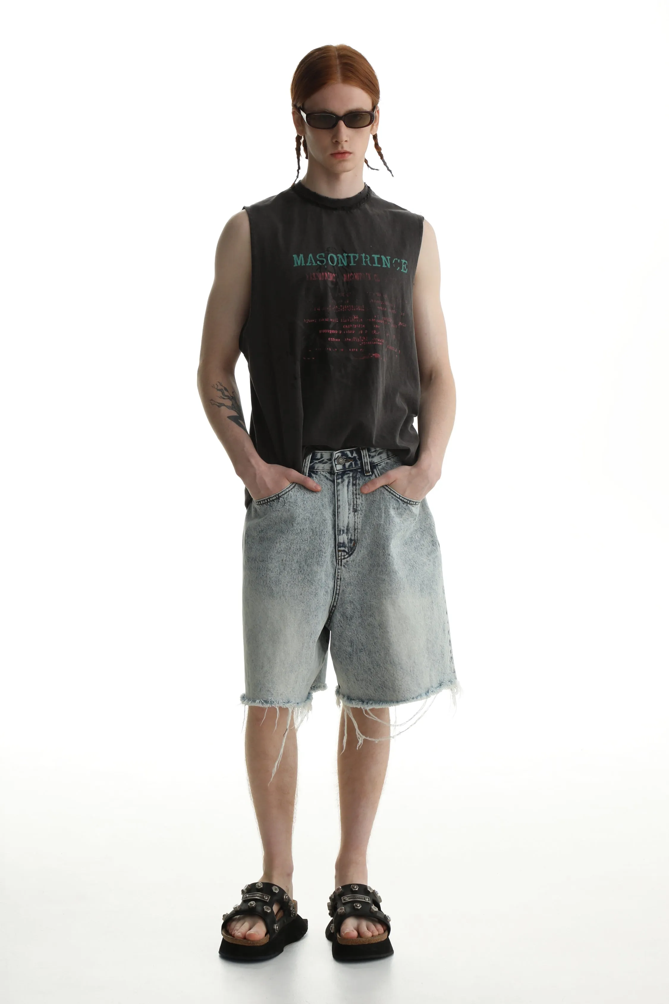 Denim Shorts & Jeans Set With Faded Raw Edges