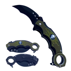 Falcon 7.75" Overall Spring Assisted Knife Green Skull Design