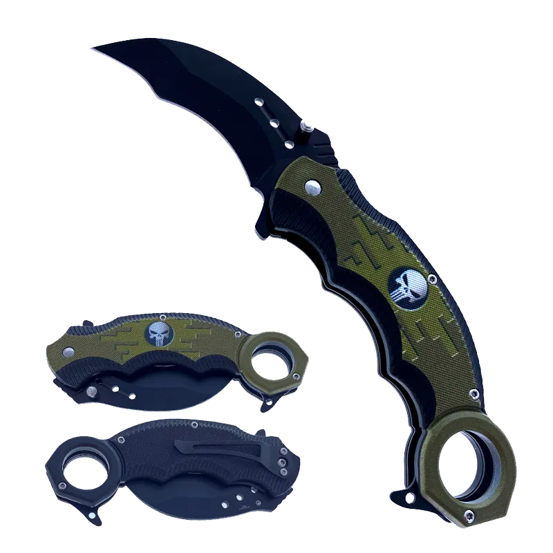 Falcon 7.75" Overall Spring Assisted Knife Green Skull Design