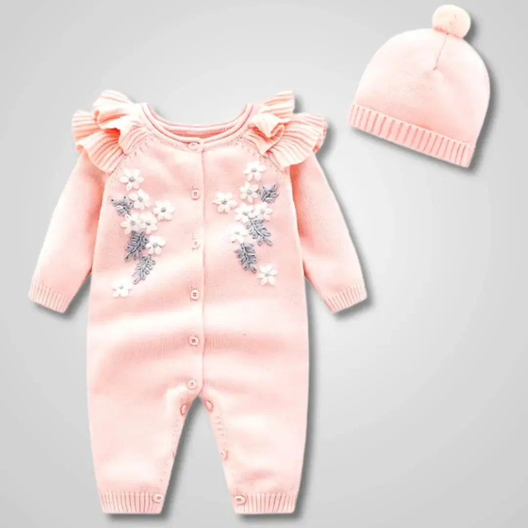 Floral Dreams 💮 Ruffled Knit Romper Set with Matching Hat