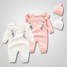 Floral Dreams 💮 Ruffled Knit Romper Set with Matching Hat