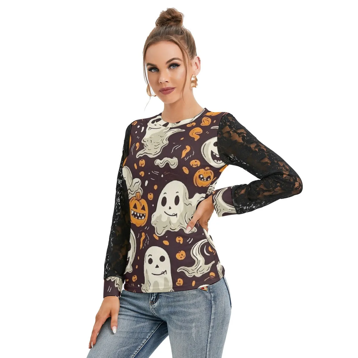 Ghosting Fun T-shirt With Black Lace Sleeves