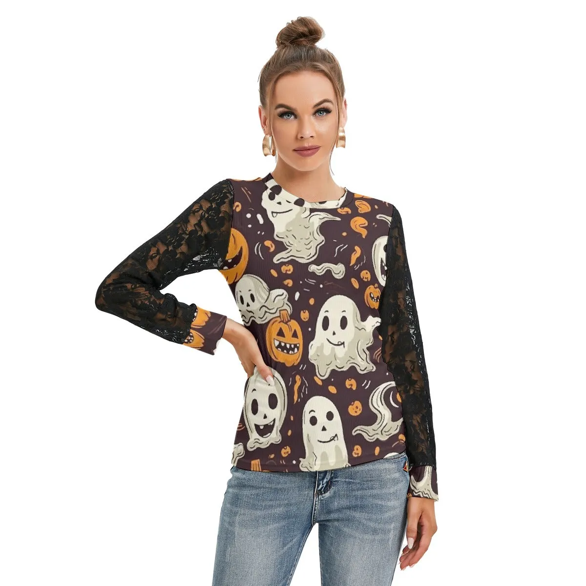 Ghosting Fun T-shirt With Black Lace Sleeves