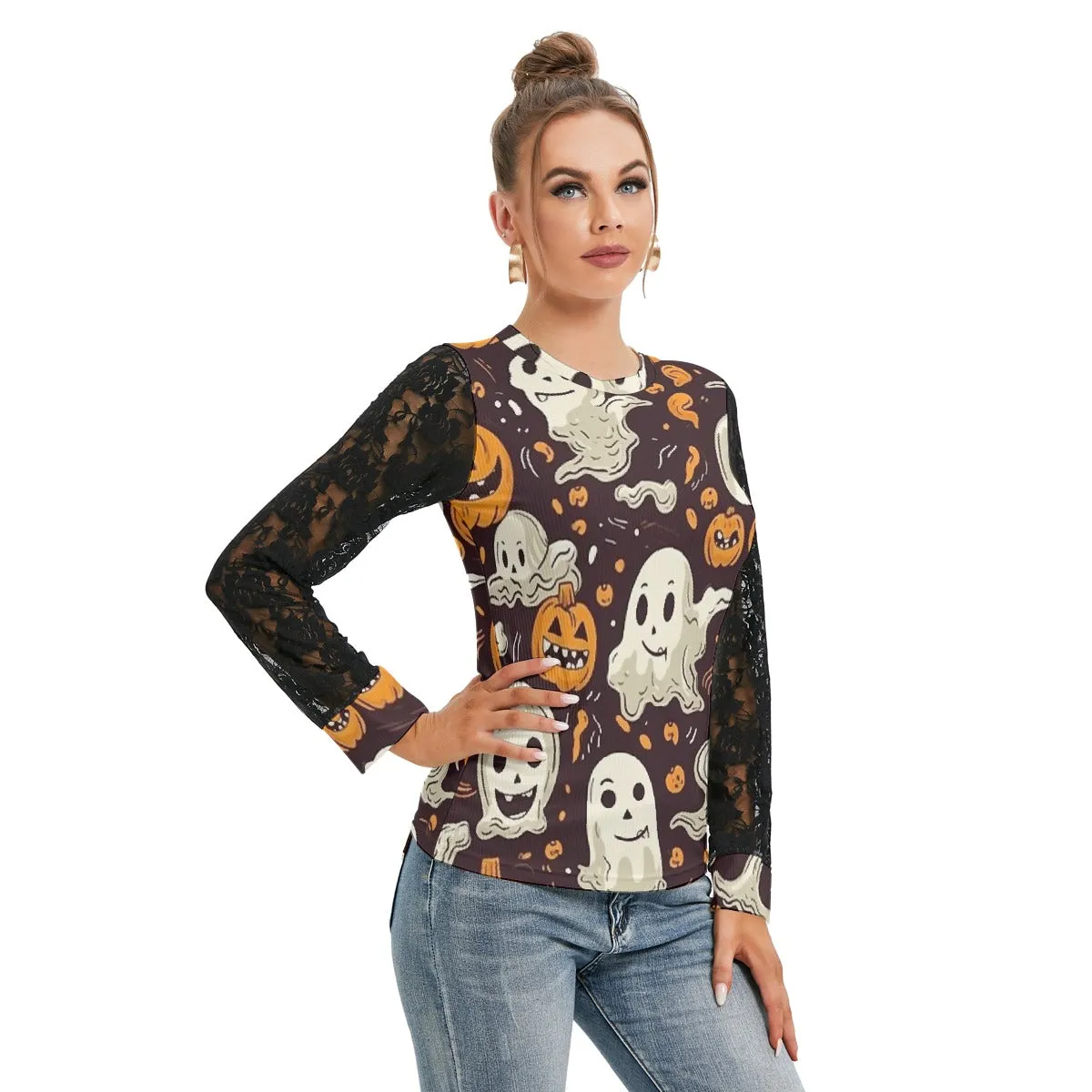 Ghosting Fun T-shirt With Black Lace Sleeves