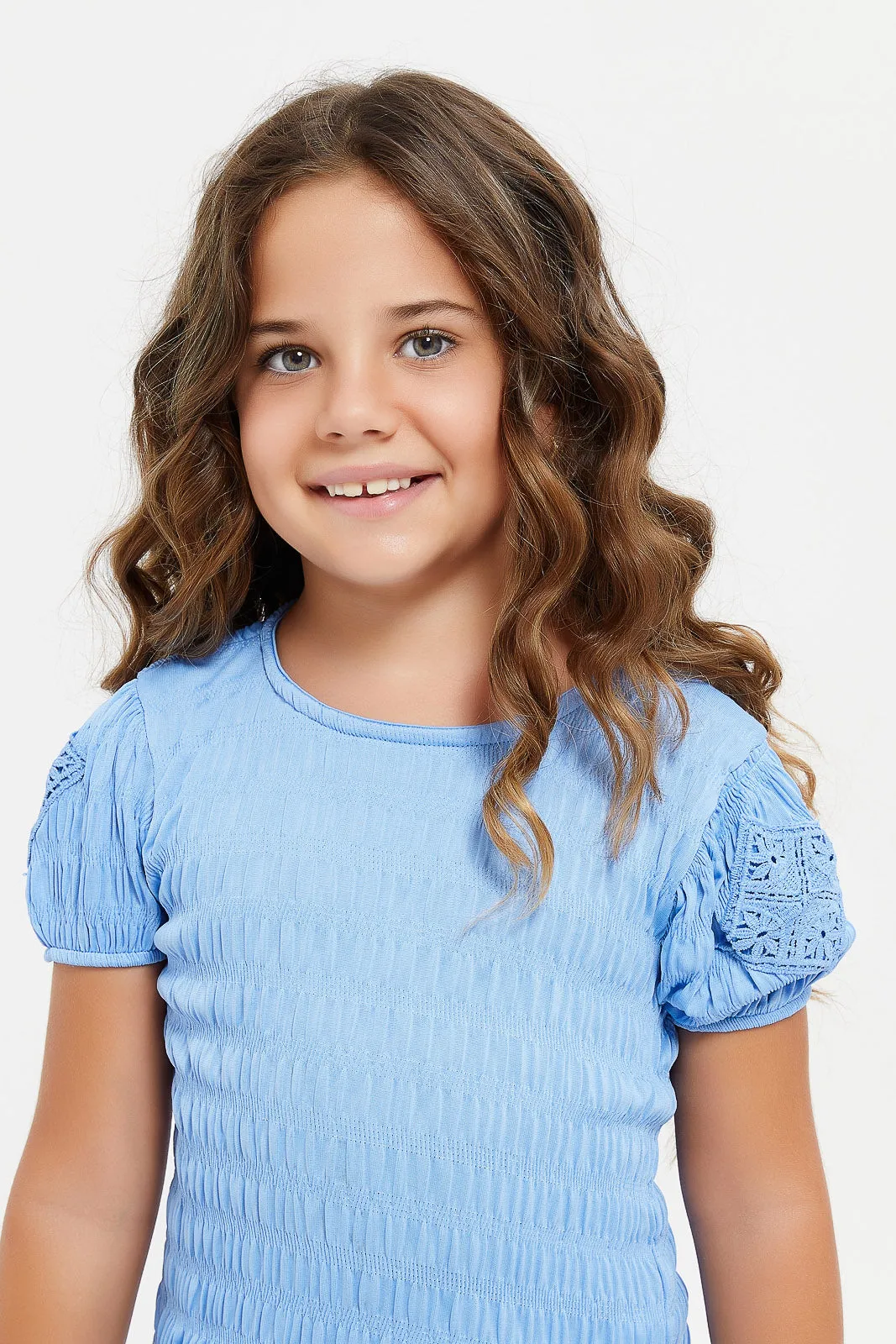 Girls Blue Jacquard T-Shirt With Lace